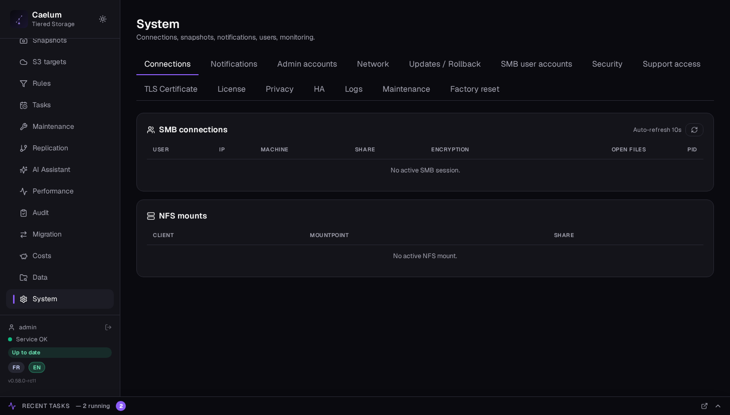 Active SMB and NFS connections in Caelum