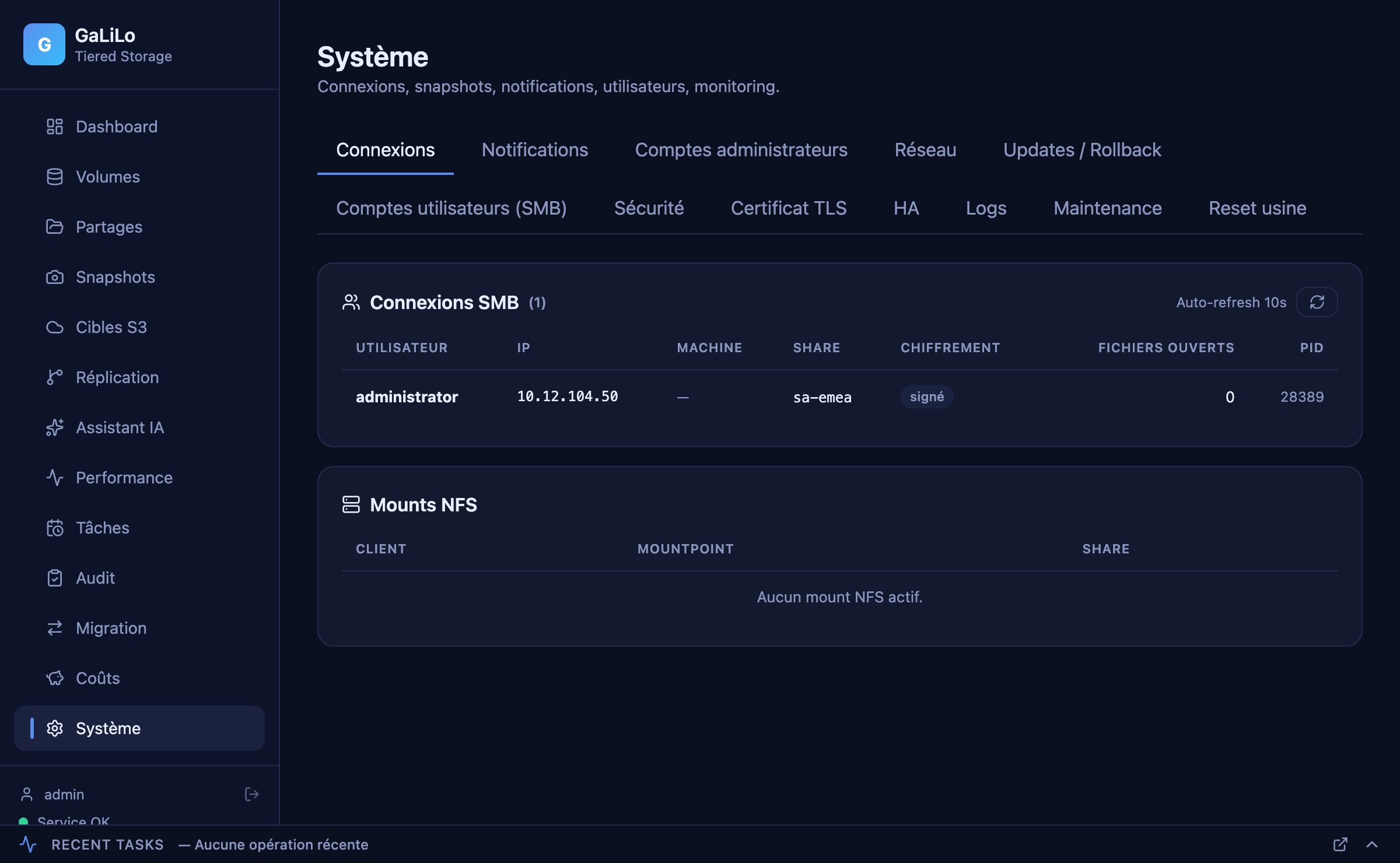 Connexions SMB et NFS actives dans GaLiLo